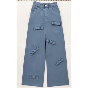 SHEIN Women Dusty Blue Wide Leg Bow Applique Trousers High Waist Pants Small New